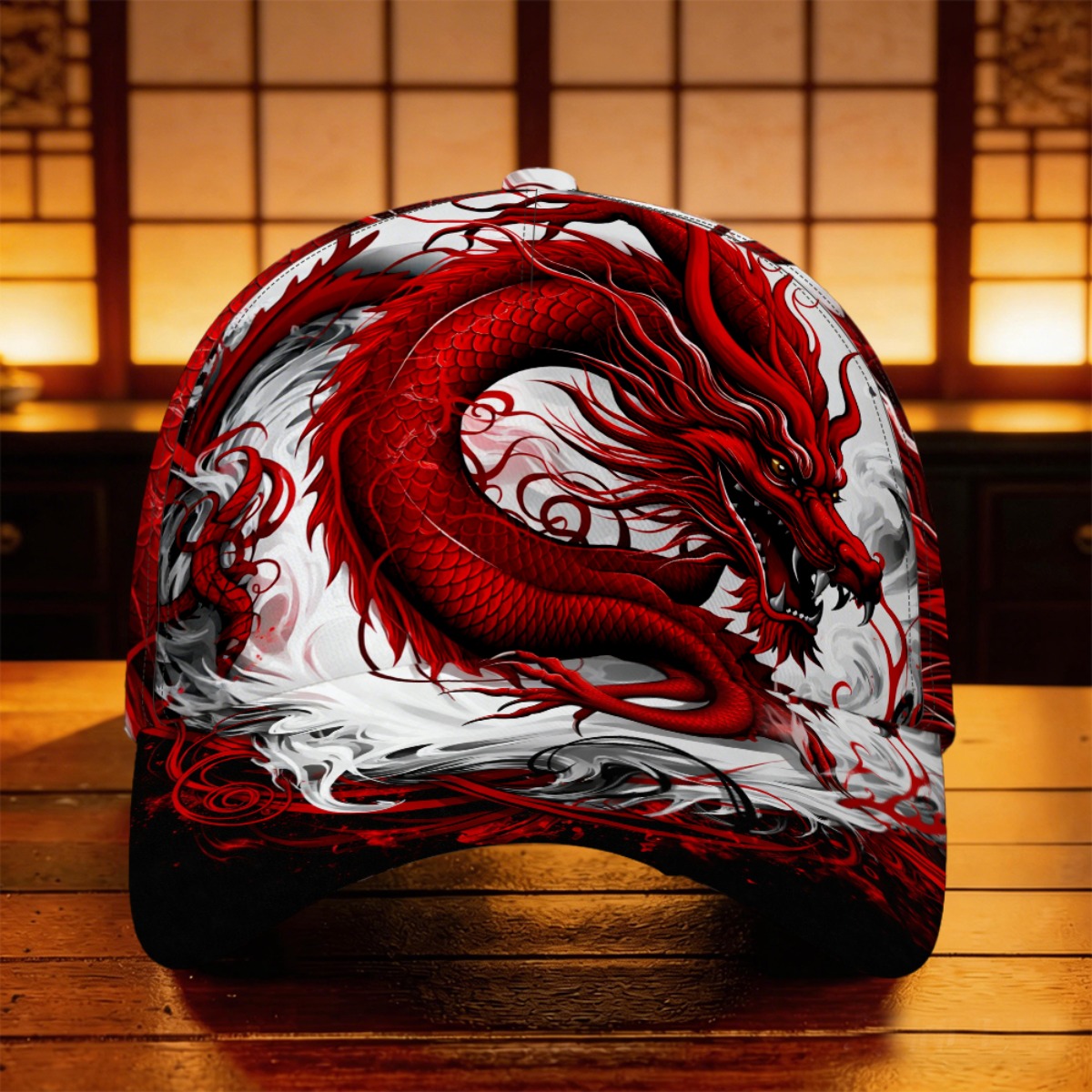 TEMU 1 Red 'dragon's Rage' Baseball - Retro 5-panel Lightweight And Breathable With Dragon Patch And Print, Driving, Sports, Fitness, And Urban