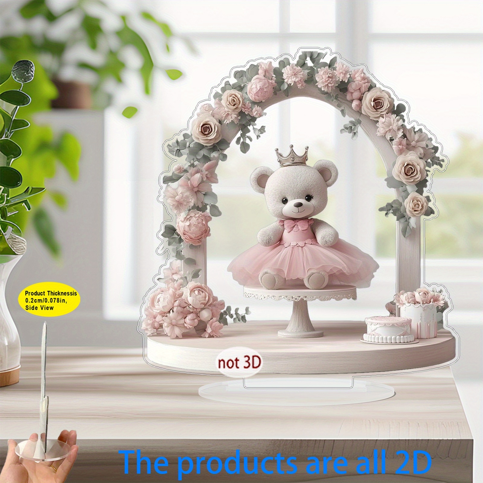 TEMU 2d Flat, 1pc Bear Figurine Centerpiece With Floral Arch Table Decor - Acrylic Bear Ornament Suitable For Home, Office, Garden, Holiday Gifts For
