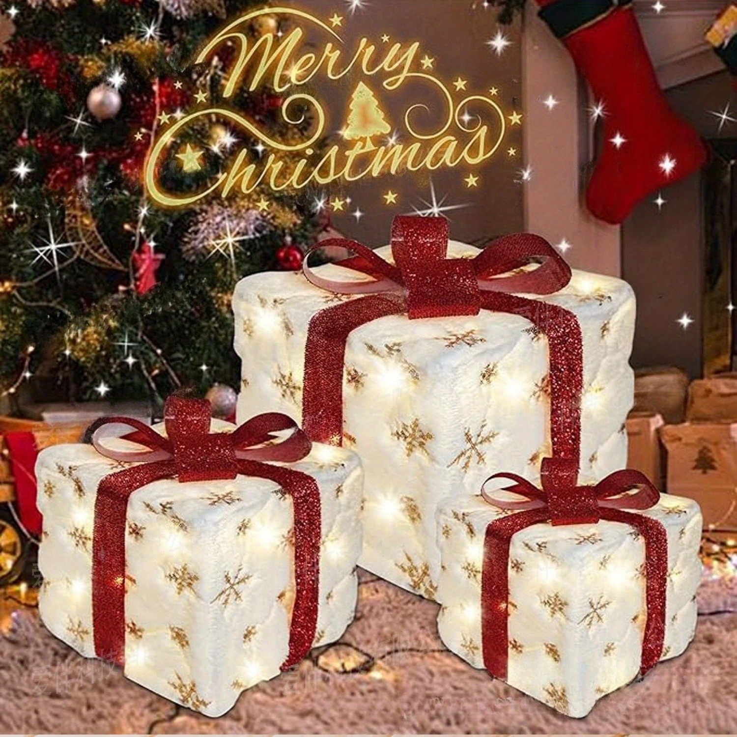 3pcs Plush Christmas Glowing Gift Box, Christmas Red Bow Gift Box, Christmas Party Gift Box with Golden Snowflakes, Suitable for Christmas Tree, Holiday Decoration, Home Decoration, Christmas Celebration Gifts, Collectible Buildings & Accessories, Best for Christmas, Christmas Light Gift Box, Christmas Decoration, Christmas Stuff Cheap, Christmas Village, Christmas Home Decoration