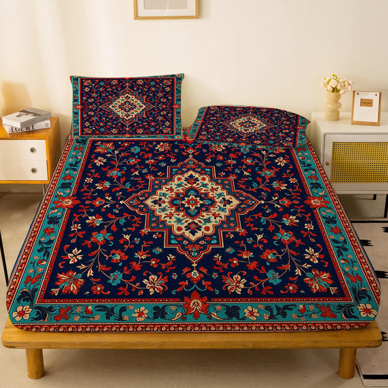 TEMU 1pc Exquisite Persian Carpet Gorgeous Floral Pattern Fitted Sheet, Single Deep Pocket Fitted Sheet, No Pillowcase, Washed Soft Fabric Light