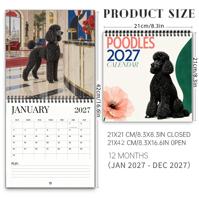 TEMU 2027 Poodle Wall Calendar - Spiral-bound Hanging Planner With Thick Paper, Spacious Writing Blocks & Monthly Poodle Photos Suitable For Home