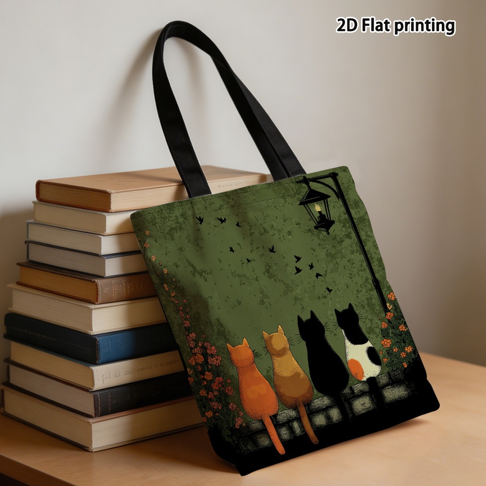 TEMU 1pc, Women's Handbags, Cats Watching The Birds Floral & Nature Printed Tote Bag - Reusable Grocery Bags With Vibrant Colors, Handbag For