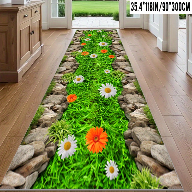 TEMU [ 800g/mÂ²]1pc Fresh 3d Grass Floral Runner Rug, Machine Washable Soft And Comfortable Carpet, Suitable For , Ideal For Bedside, Bedroom, Hotel,