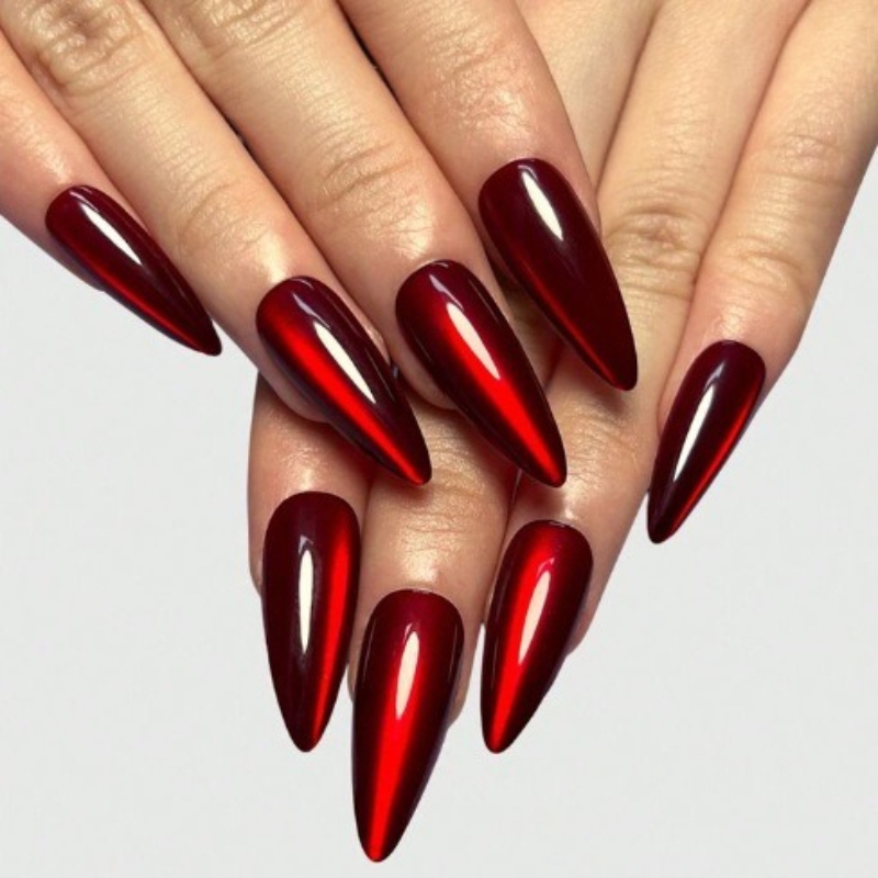 TEMU 30 Stk. YIDDSN Gothic -Press-On-Nägel, geeignet für Party & – Lange Mandelförmige Stiletto-Künstliche Nägel mit metallisch glänzendem rotem