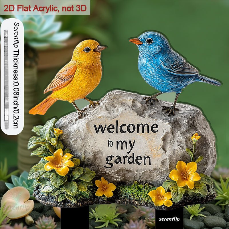 TEMU 2d Flat - 【2d Flat】 1pc 2d Flat Acrylic Plant Stake With Sharp End For Flower Beds, 2 Birds On A Welcome Stone For Enhancing And Flower Pots,