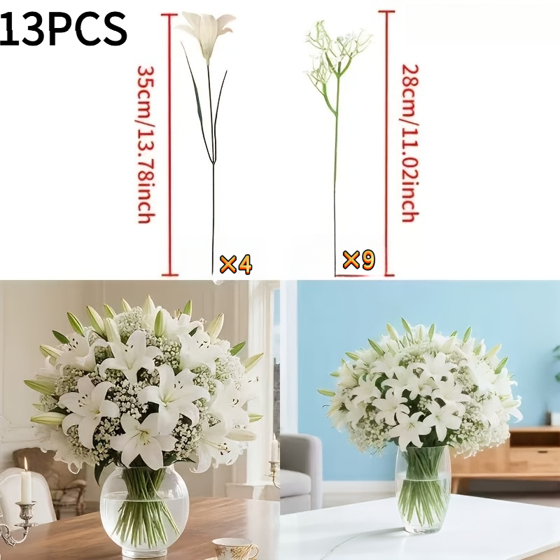 TEMU 13pcs Artificial High-quality Large Elegant Lily Flowers With 's Breath Bouquet, Decoration, Living Room Fake Flowers, Wedding Additions,