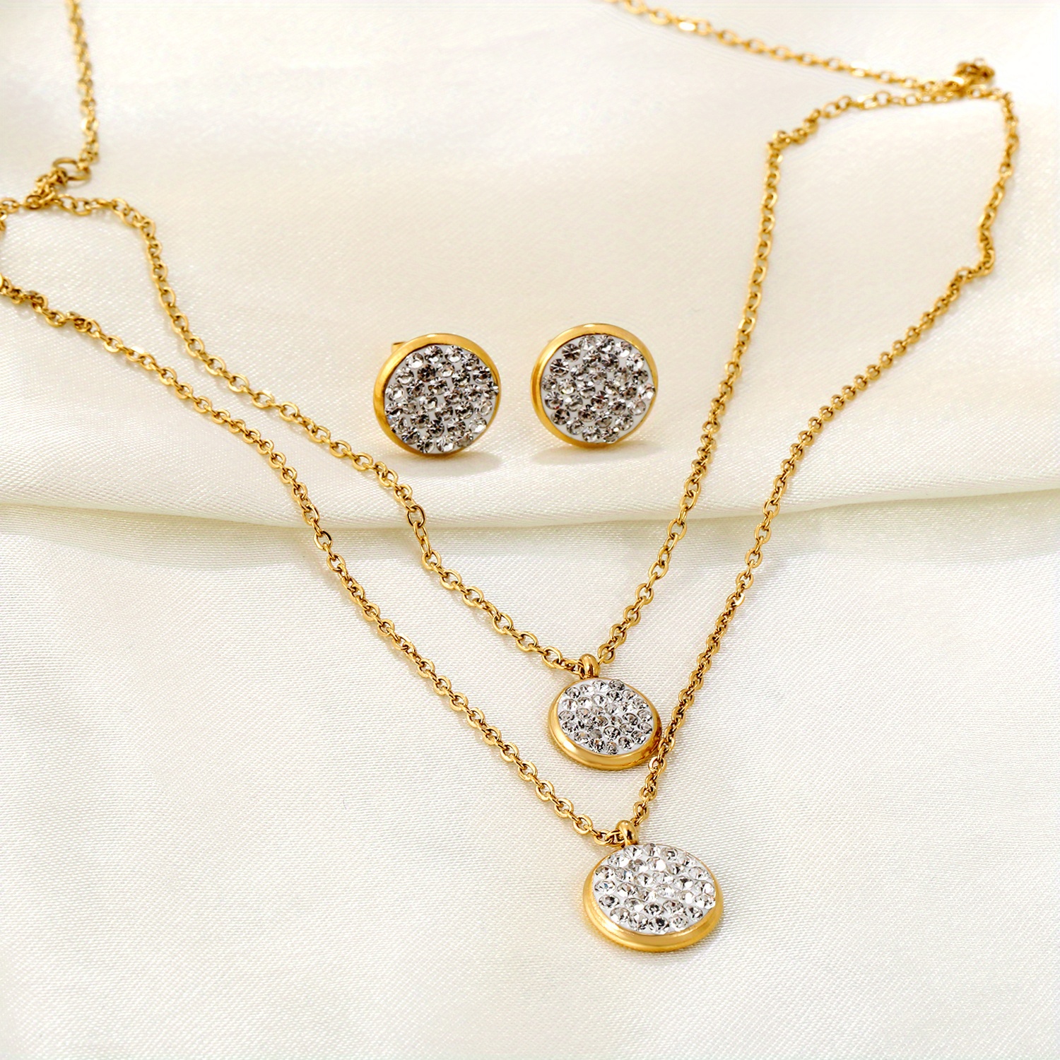 Double Chain Necklace Earrings Set Stainless Steel Material
