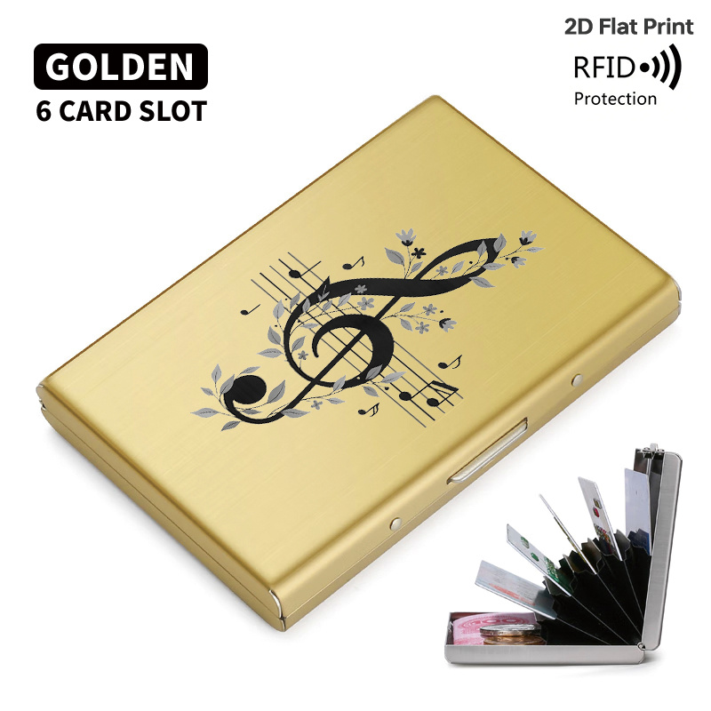 TEMU Porte-cartes métallique à blocage RFID avec motif de note de musique, de fleurs et de , portefeuille fin à pression latérale pop-up, étui de