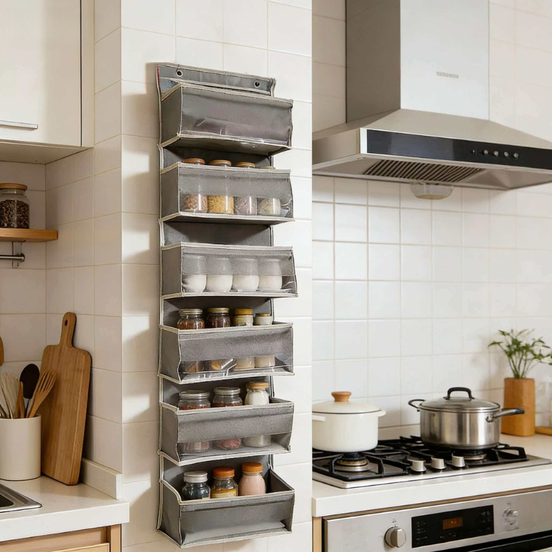 TEMU Étagère de rangement à suspendre pour porte de meuble à 6 étages, utilisant des poches transparentes avec fenêtres inférieures pour un stockage