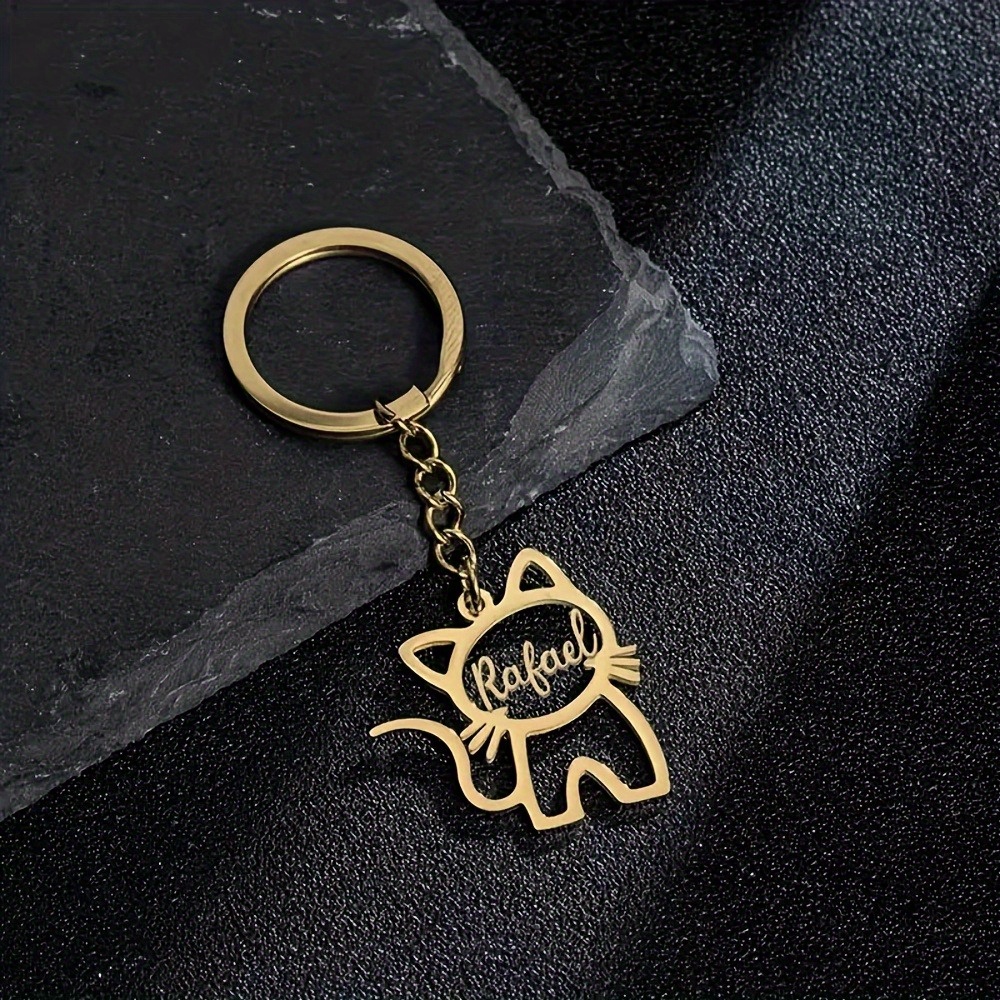 TEMU Personalized Stainless Steel Cat Keychain - Custom Engraving, Cute Cartoon Kitten Design, Durable , Perfect Gift For Cat Lovers For Birthdays,
