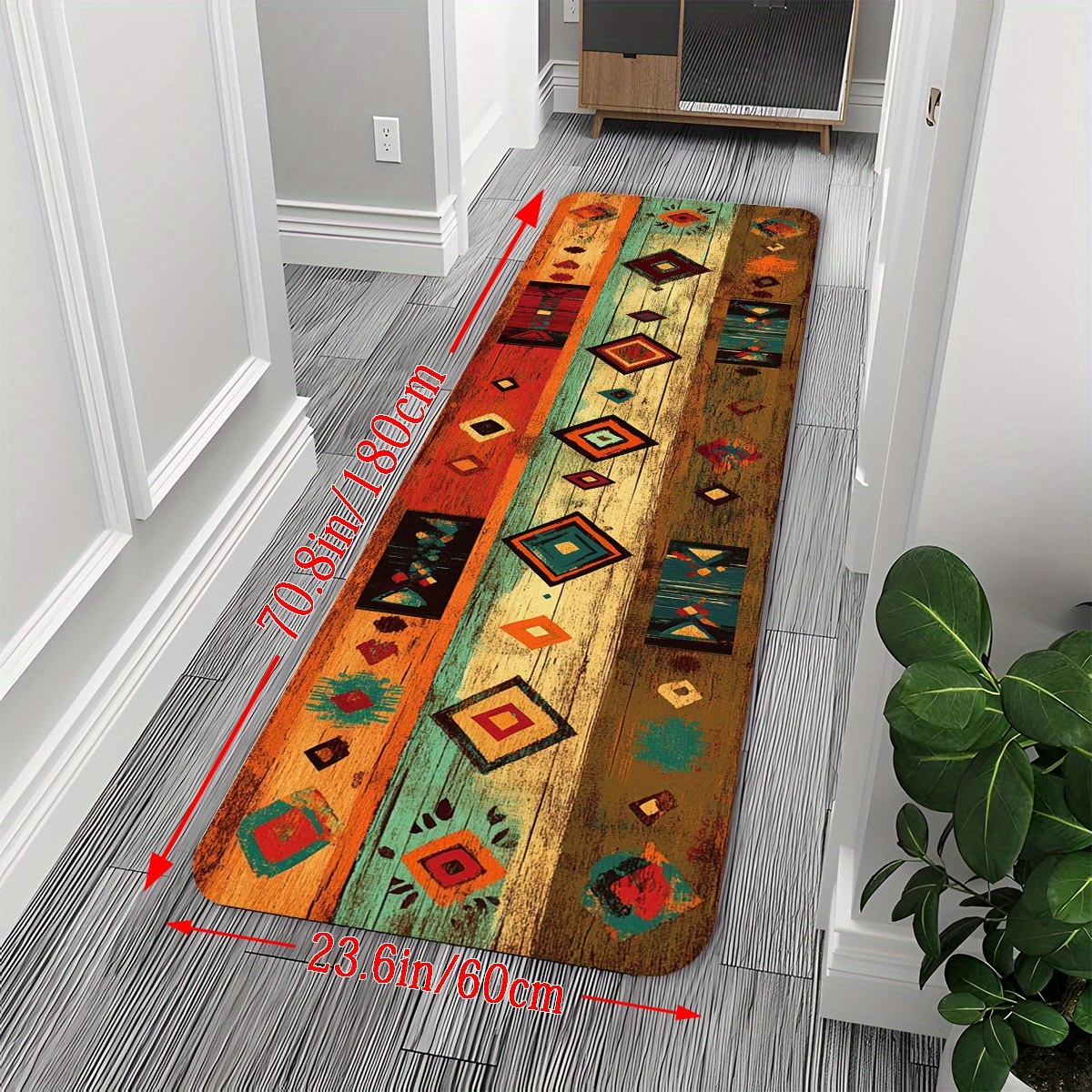 TEMU 1pc Vintage Geometric Wood Grain Totem Pattern European Style Runner Rug, Bathroom Mat, Non-slip Running Carpet, Bedside/sofa Area Rug, Kitchen
