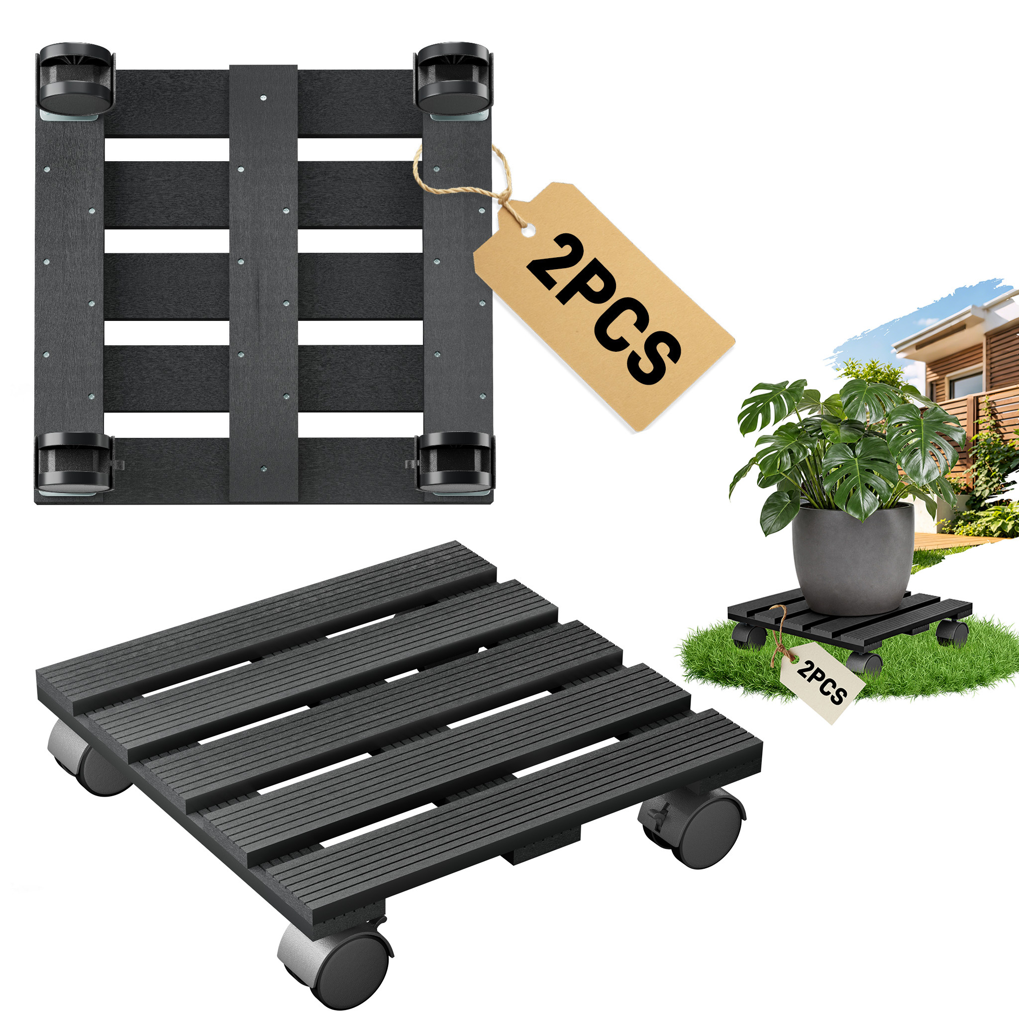 TEMU 2pcs Wpc Plant Caddy Transport Tray Plant Wheels Flower Wheels With 4 Lockable Swivel Wheels Rolling Board Rolling Flower Pot Tray Flower Pot