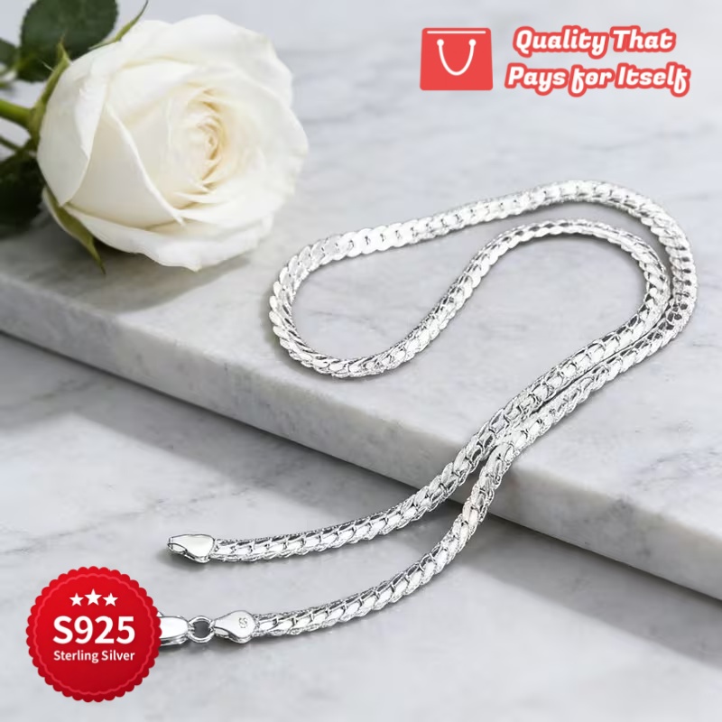 925 Silver Embossed Cuban Chain Necklace, Handmade Design