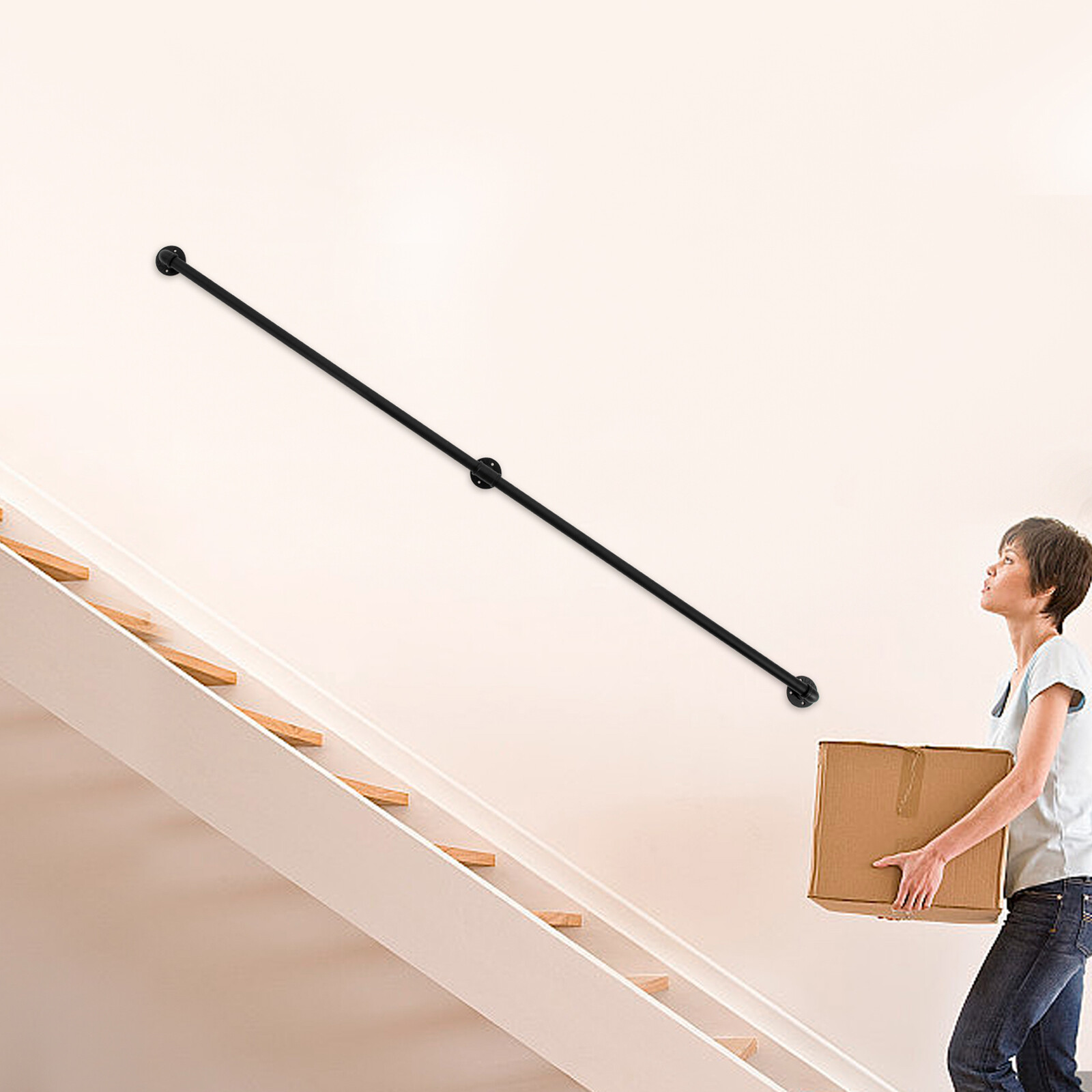 213,36 cm vidaus/ lauko juoda moderni turėklų laiptų turėklų rankena, montuojama ant sienos, 3,15 colio aukščio, be įbrėžimų paviršius, ilgaamžė, gyvenimo pagalbininkė, tinka vaikams, suaugusiems ir žmonėms, kuriems sunku lipti laiptais