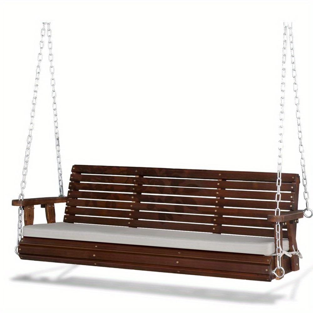 TEMU Sturdy 880 Lbs Outdoor Wooden Porch Swing With Extra Cushion, Farmhouse Style Hanging Swing With Adjustable Chains For Yard, Garden, Lawn | 5 Ft