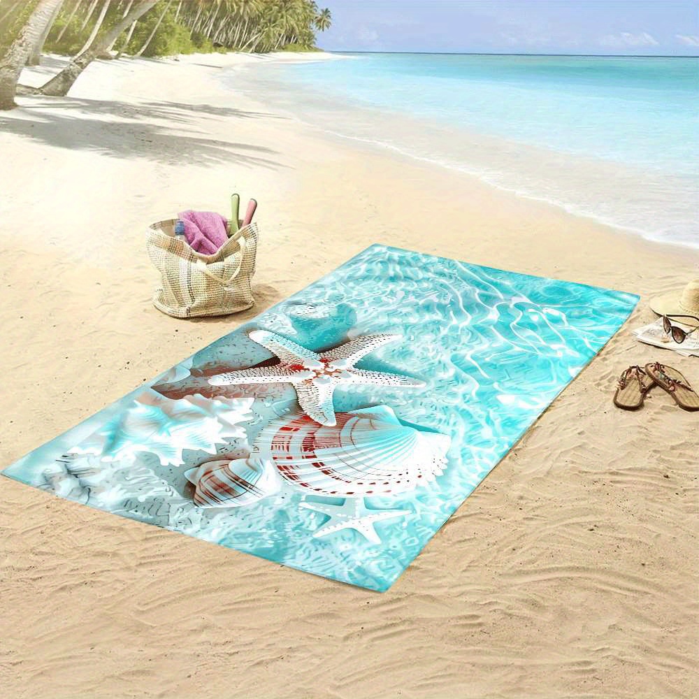Serviette de plage en microfibre (1 pièce), motif coquillage et étoile de mer, séchage rapide, conception enveloppante résistante, idéale pour la plage et la piscine._voghion.com