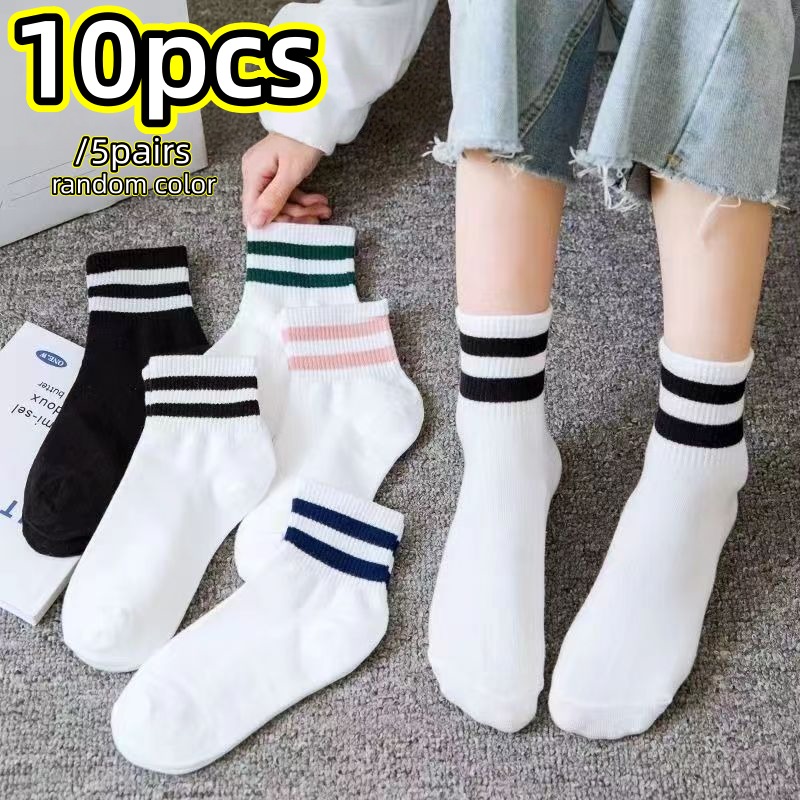 TEMU 10pcs/5 Pairs Random Color Women's Cute Striped Mid-calf Sports & Casual Socks, White Athletic Socks, Soft And Breathable, Suitable For Daily