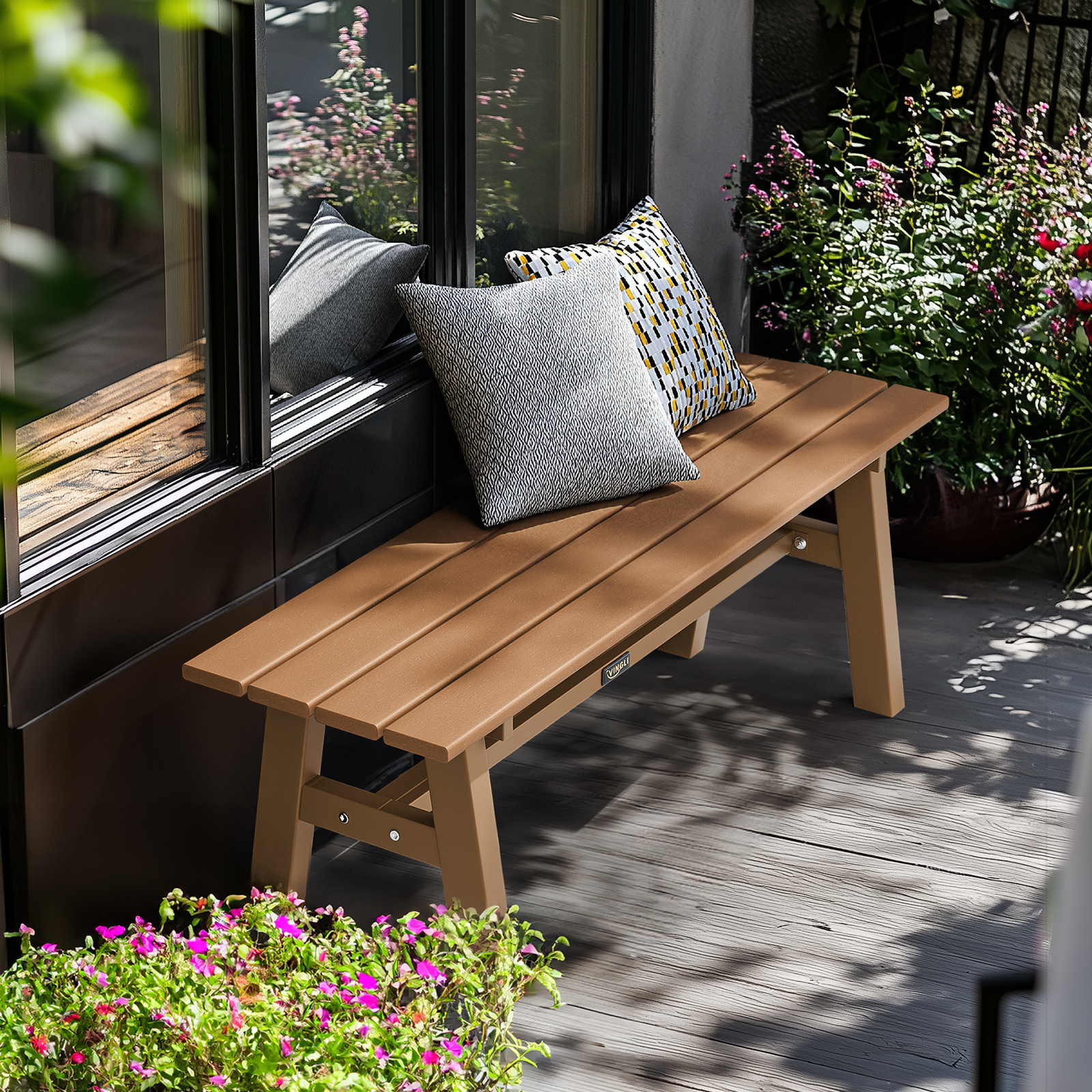Iron Frame Teak Gray Green HDPE Bench 47in