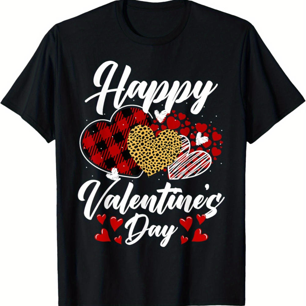 

Happy Valentine's Day Hearts With Leopard Valentine 180g Cotton T-shirt Print Short Sleeve Valentine's Day Gifts, Holiday Gifts For Summer And Fall