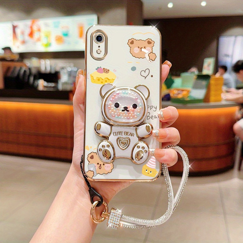 TEMU Cute Bear Phone Holder Case With A Diamond Glitter Wrist Strap, Designed For Iphone Xr, Serving As A Stand Back