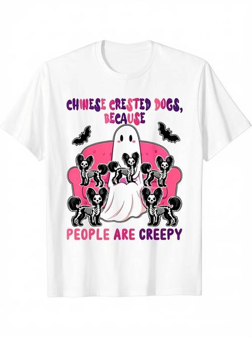 tricou bărbătesc amuzant cu chinezesc - câini chinezi deoarece oamenii ciudat, slogan cu puguri drăguțe, lilieci și inscripții roz - tricou casual larg pentru iubitorii de câini, costum de halloween sau