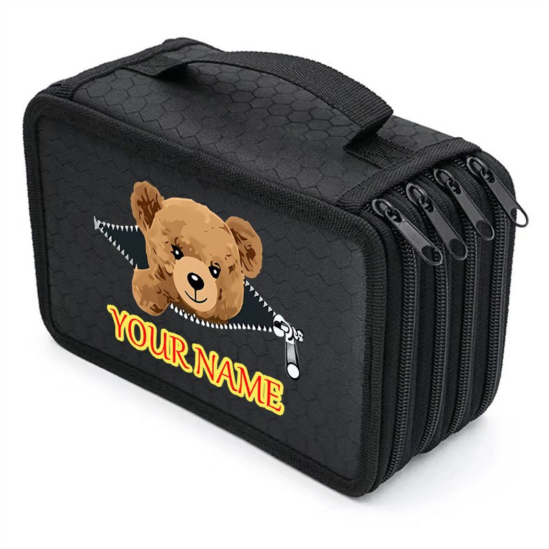 TEMU 1pc Customizable Name Bear Pattern Four-layer Pen Case, Large Capacity Portable Pencil Pouch, School And Office Supplies Organizer