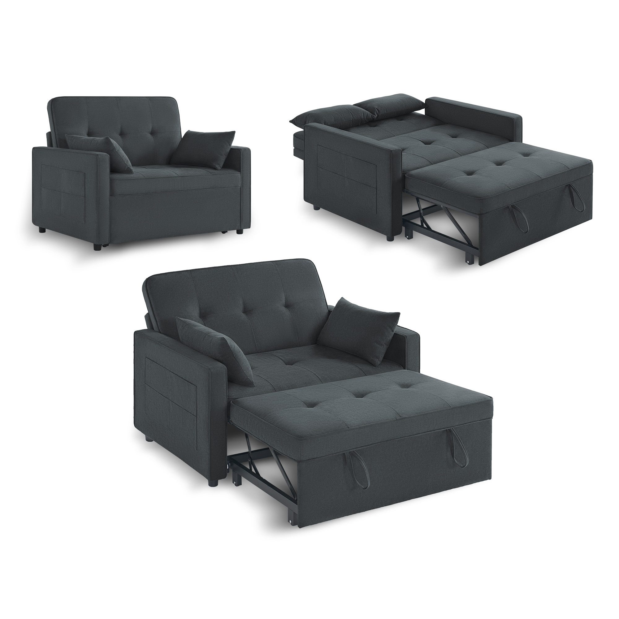 3-in-1 Space- Sofa Bed With Adjustable Backrest, Linen Convertible Sleeper Sofa With Cushions And Side Pockets For Guest Rooms And Small , 186 X 122 Cm