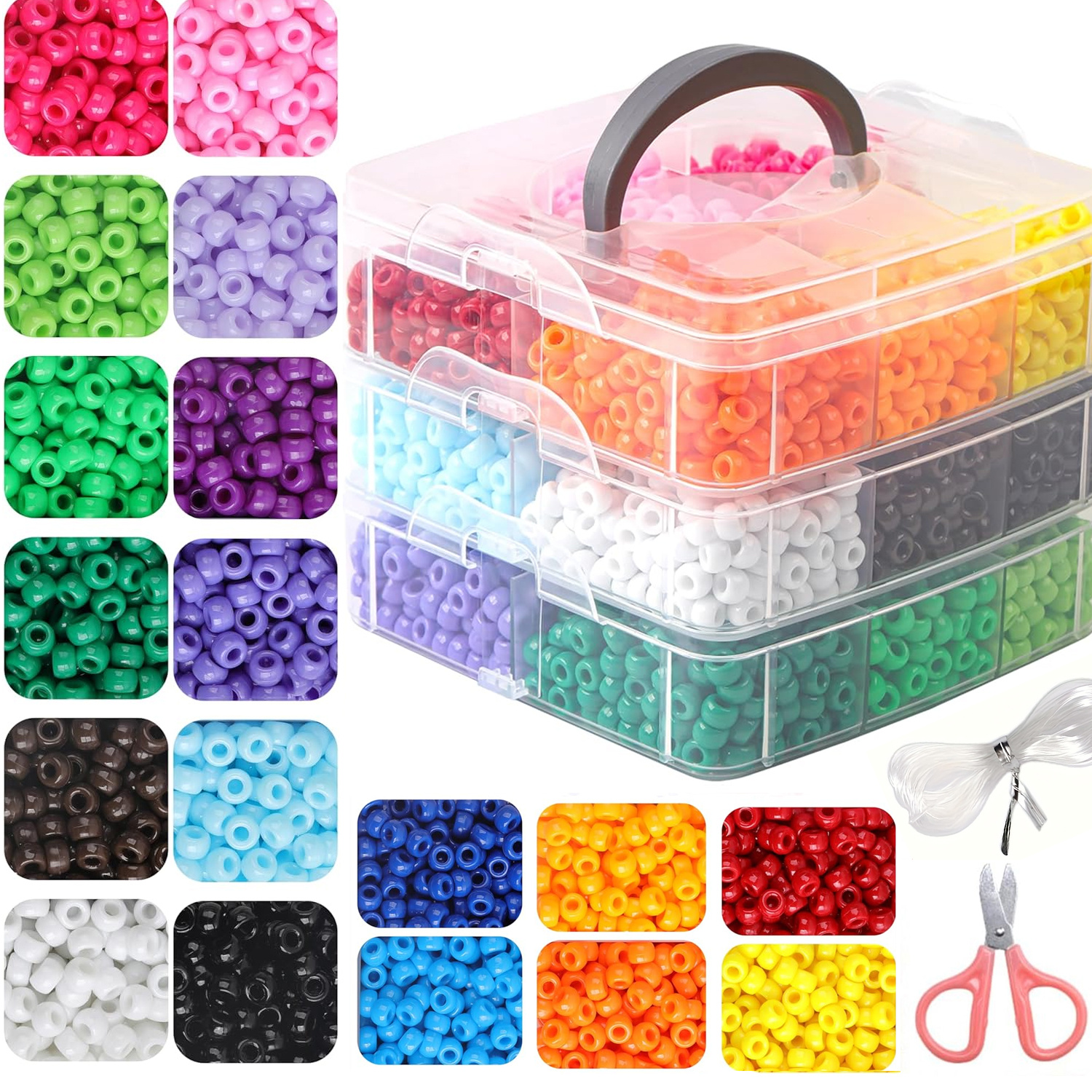 TEMU Perles Boîte Pony 3 Couches - 3600pcs 6 X 9Mm, 18 Couleurs Solides en Option | Convient pour Bracelets d', , Porte-clés, Fabrication de Bijoux,