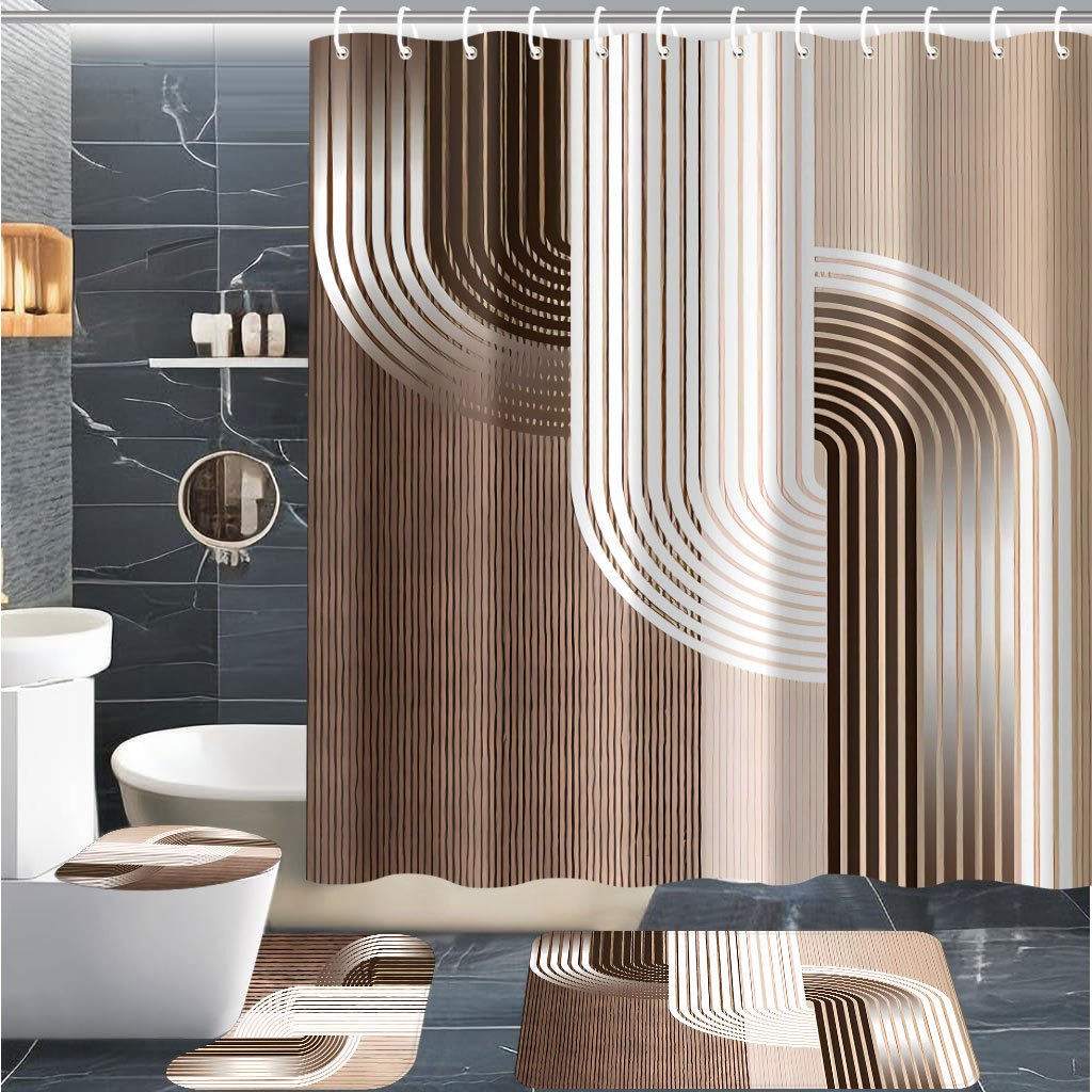 TEMU Geometric Pattern Bathroom Set For Home Decor, Bathroom Decor | Elegant Floor Mat | Durable Bath Mat, Shower Curtain Decor, Bathroom Decor, 4pcs