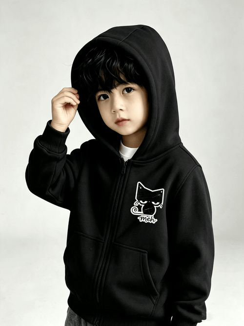 childrens fun lazy black cat print blue zip up hooded jacket soft and comfortable fabric boys trendy cardigan sweatshirt versatile kids clothing for autumn daily and casual wear