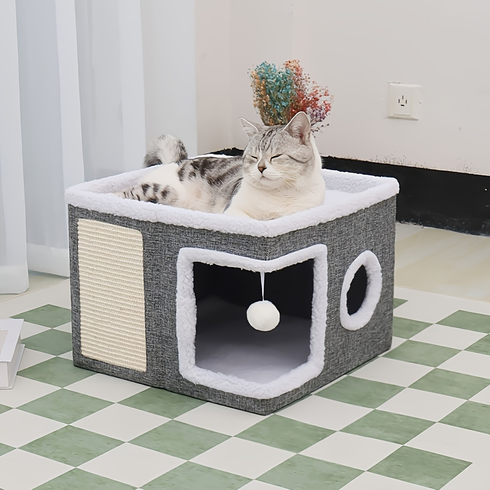 luxurious multi tier cat house with 2 tier bed toy   foldable scratching post cozy indoor cat cube bed with plush hanging ball nylon frame canvas construction space saving foldable design 16 5x16 5x13 inches ideal for small spaces