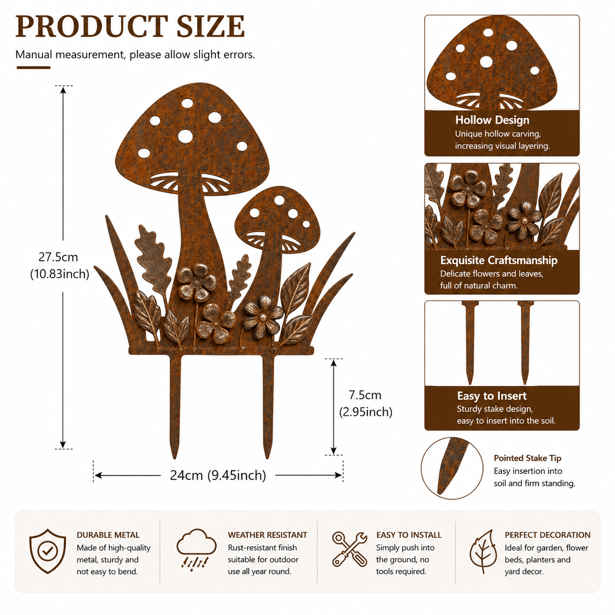 Image of 【3d】 2pcs Rusty Metal Mushroom Garden Stakes, Iron Silhouette Stakes With And Leaves, Weather Resistant Ground Art Decor For Lawn Planter Bed Outdoor Patio