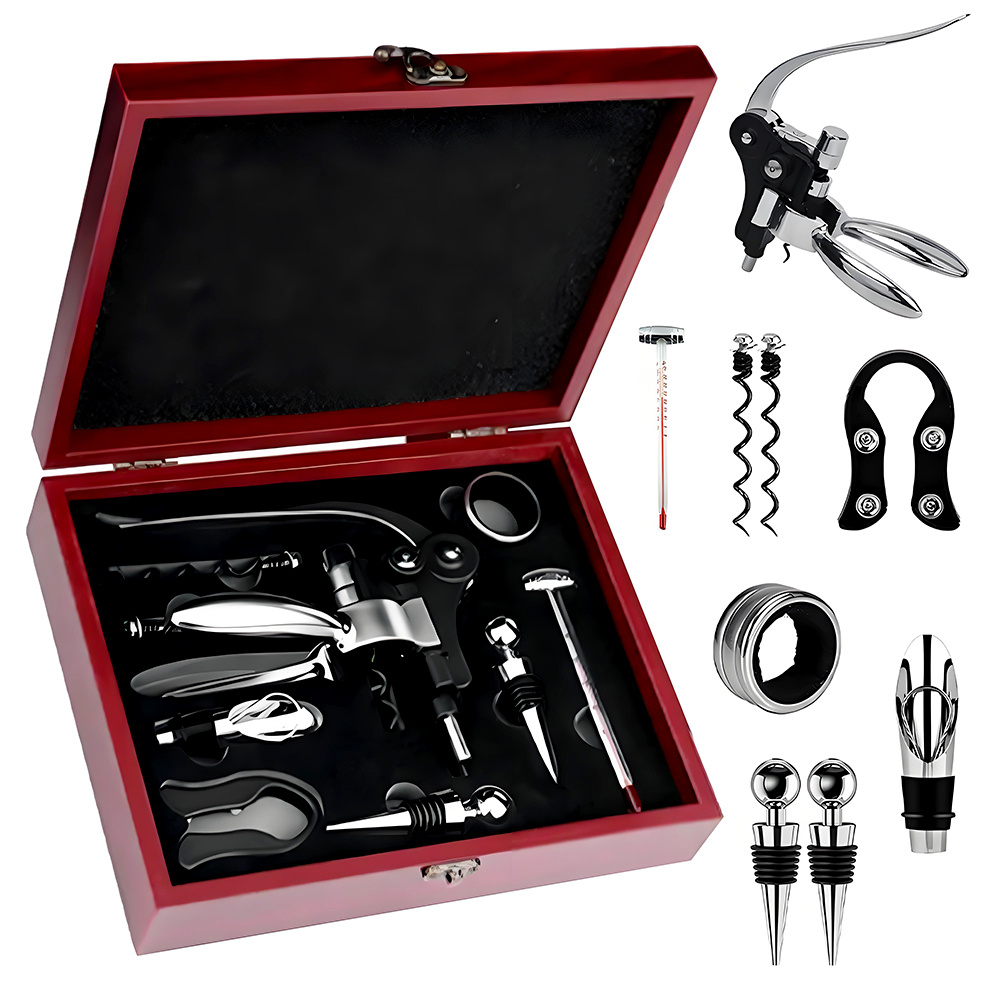 Box Wine Opener Set With Head Corkscrew (360g), Stainless Steel Pourer And Thermometer - Bar Gift Set