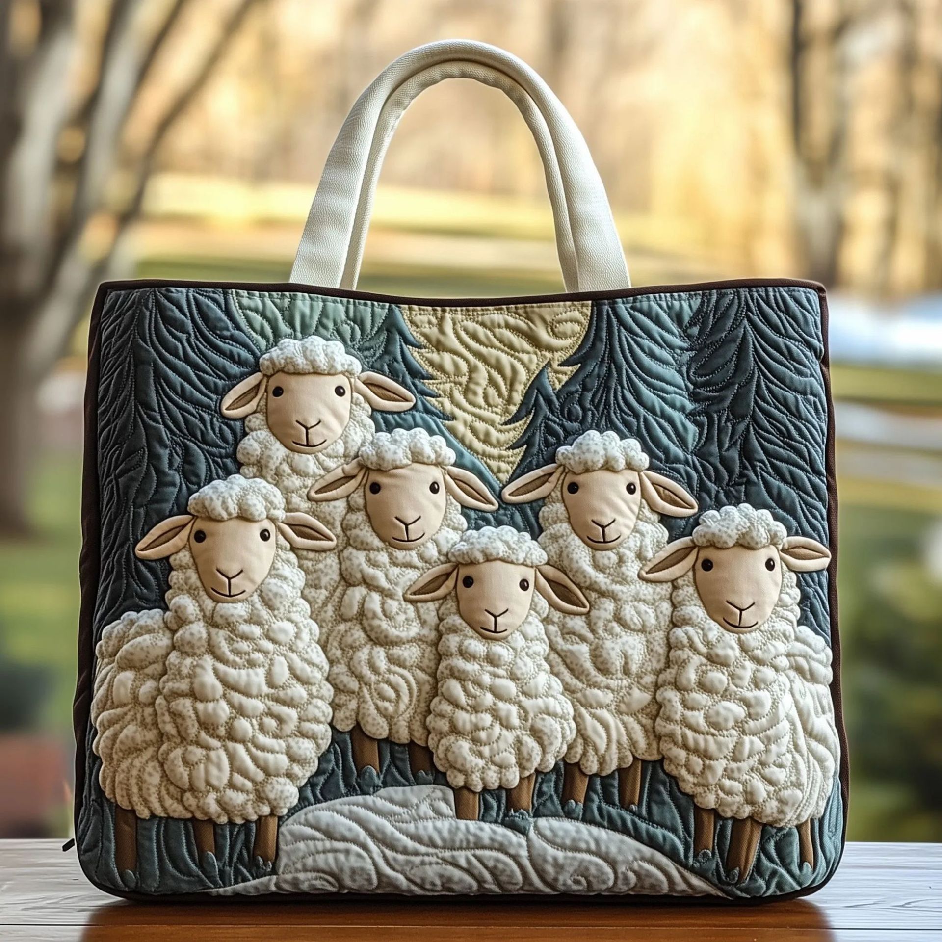 Image of 1pc Retro Forest Sheep Quilted Tote Bag, Cute Fluffy Sheep Casual Shoulder Bag, Large Capacity Lightweight Handbag, Durable Reusable Tote For Daily , Travel And Shopping