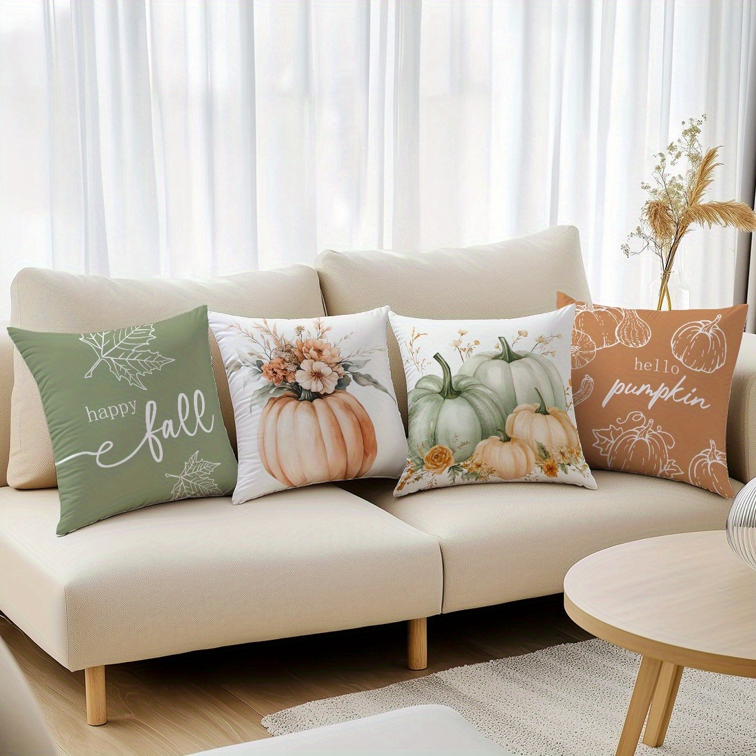 TEMU 4pcs Set Of Single-sided Printed Pillowcases, Orange And Green Pumpkin Floral Autumn Text Series, Home Decor Pillow Covers, Suitable For Living