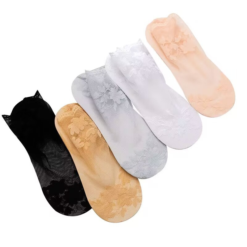 E-shop 5 Paar Damen Sommer-Socken mit Spitzenbesatz, Kurz bis zur Wade, Atmungsaktives Blatt-Mesh und Rutschfestem Design
