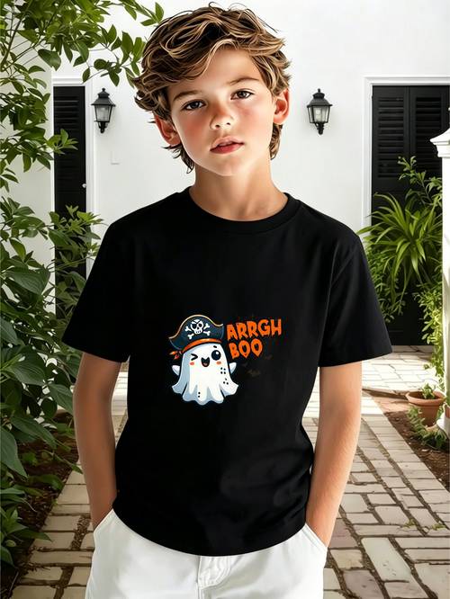 item picture boys halloween themed t shirt with cartoon print features a cute wearing a pirate hat on the front with fun arrgh boo lettering and decorative elements like bats and webs suitable for autumn holiday wear with a comfortable