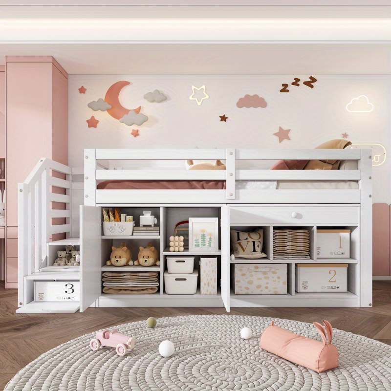 Multifunctional White Wooden 'S Bed with Stairs Storage Space and Reversible Drawers for Desk Use Left Right Interchangeable Design 90190 cm Without Mattress
