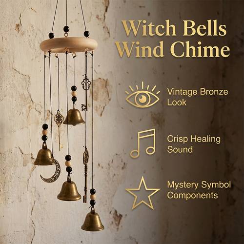 handcrafted wood ring witch bell wall decor retro metal wind chime bohemian hanging pendant for garden home gift for halloween