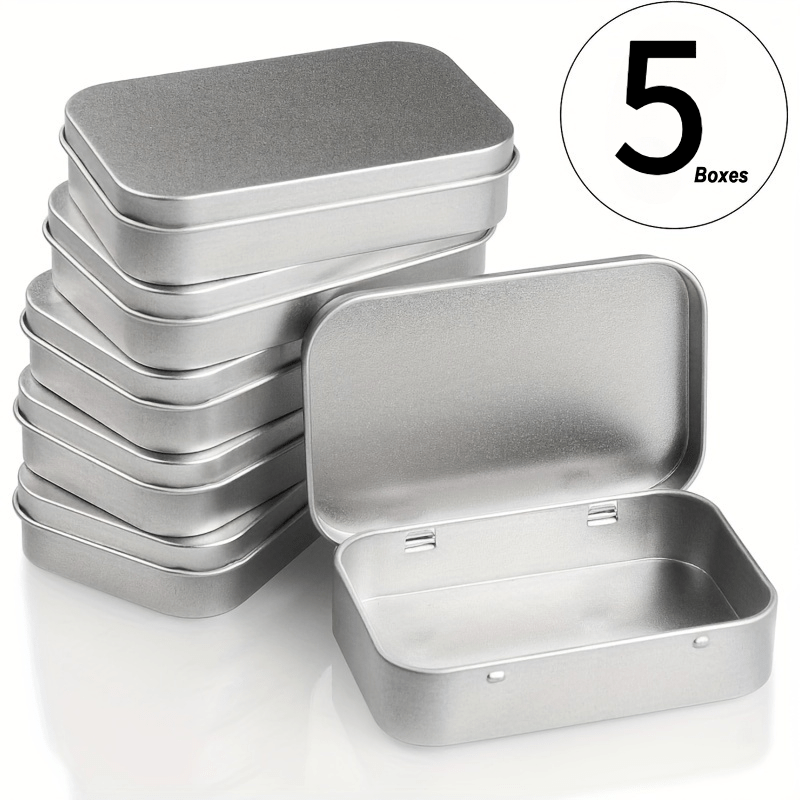 Image of 5pcs Metal Rectangular Empty Hinged Tins- Silver Mini Portable Box Small Storage Kit& Home Organizer With Lids- For Jewelry, Crafts, Gifts, & More- Perfect For Organizing Small Items, Sewing Storage