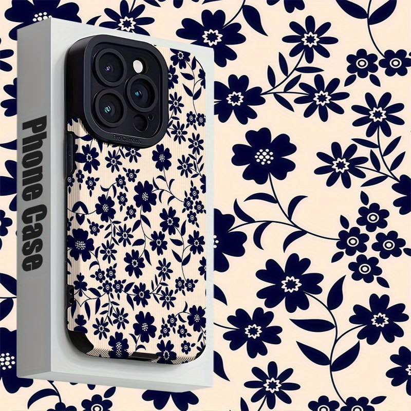 TEMU Coque de téléphone - Coque de téléphone florale vintage bleu marine pour iPhone 11 à 16, conçue pour être antichoc, résistante à la saleté et
