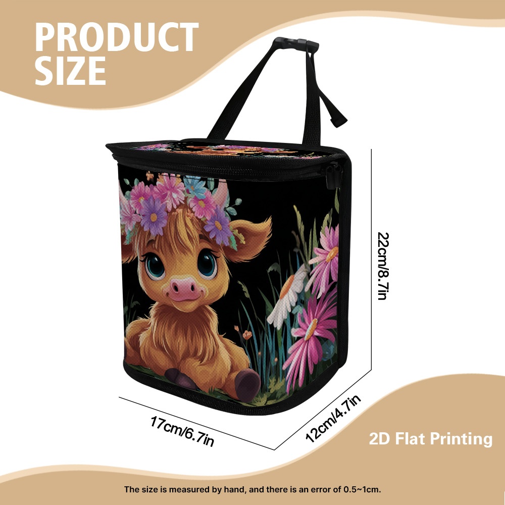 TEMU 1pc Portable Car Seat Garbage Bag With Easter Highland Cow Floral , Back Seat Hanging Trash Holder With Lid For Auto Travel And Home Storage For