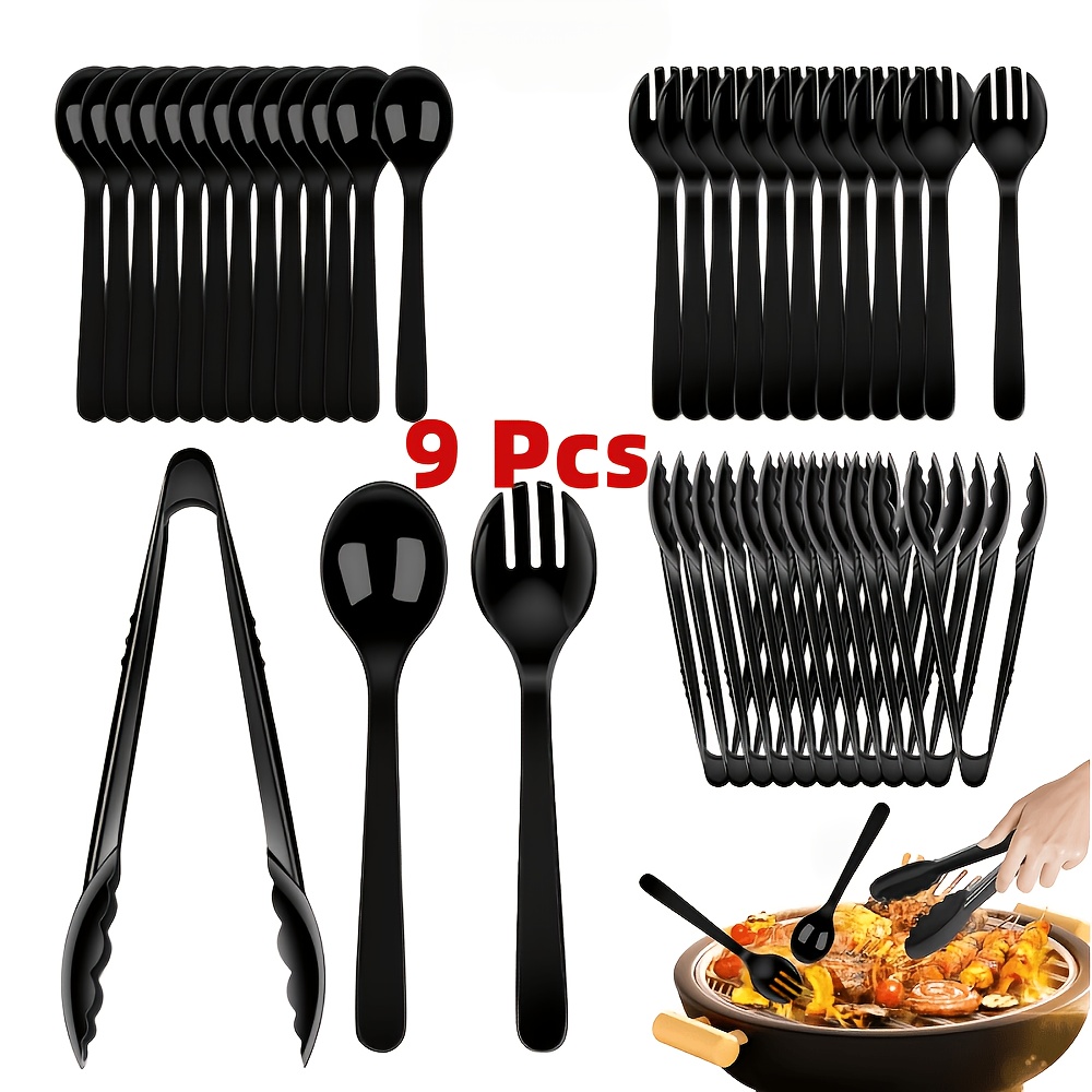 TEMU 9pcs Disposable Plastic Cutlery Set, Including 4 Forks + 4 Spoons + 1 Serving Tongs, 8-inch Black Tableware. Suitable For Buffets And Parties,