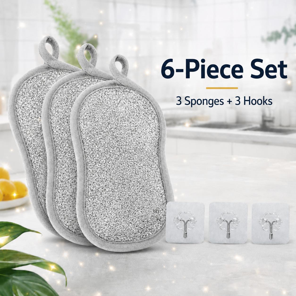 TEMU 6pcs Kitchen Dish Scrubber, 3 Non-scratch Double-sided Sponges + 3 Hooks, Heavy-duty Cleaning Pads For Cookware, Plates, Glassware, Sink & Tile