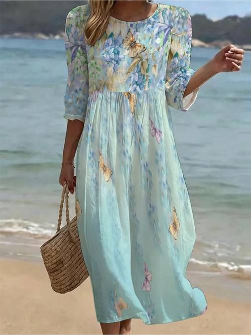 womens fashion floral print dress mixed color multiple specifications lightweight breathable fabric casual parties pastel design with wisteria butterflies
