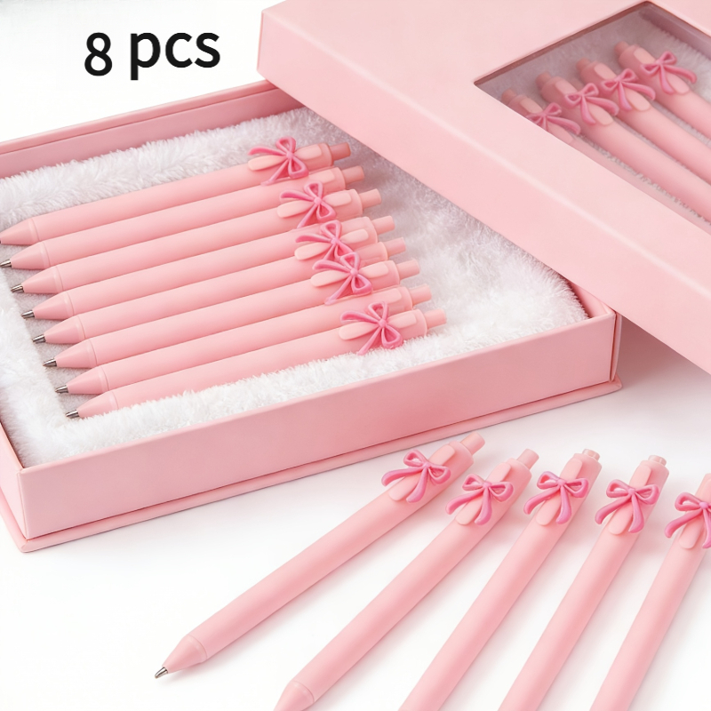 TEMU 8pcs Pink Bow Ballpoint Pen Set, Featuring Adorable Pink Bows, Perfect As Gifts For Girls, Party Favors, Birthday Presents, Holiday Gifts,