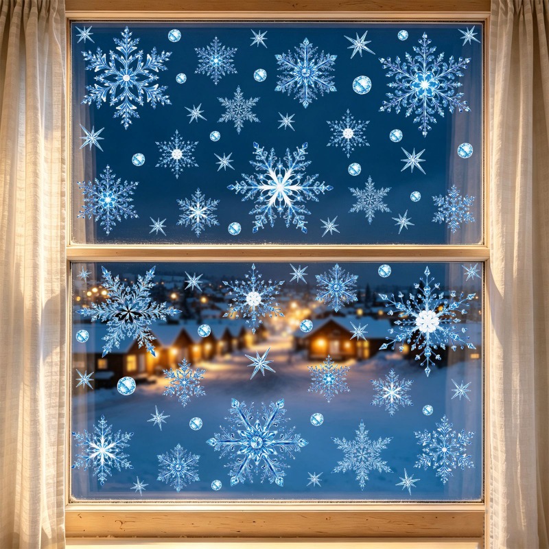 TEMU 2 Sheets Blue Snowflakes Dots Glass Stickers, Crystal Snowflake Static Cling Stickers, Removable Christmas Decorations
