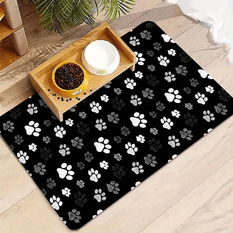 TEMU 1pc, Animal Paw Print Pet Feeding Mat, Non-slip Rubber Base, Solid Black Background With Multiple White And Gray Animal Paw Print Patterns,