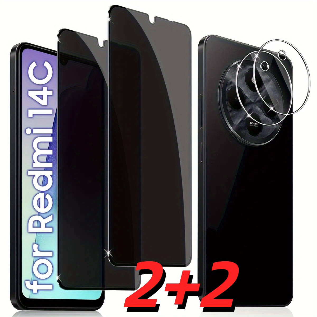 E-shop 2+2 Stück Privacy Panzerglasfolie für Xiaomi Redmi 14C 4G/5G, Blickschutzfolie, Panzerglas, 2 Stück Panzerglas und 2 Stück Kameralinsenschutz,