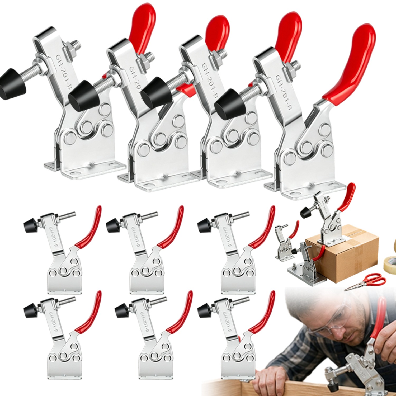 Toggle Clamp Set, 10-pack Heavy-duty Quick-release Clamps With Adjustable Tension Lock, Non-slip Pvc Handle, 90kg Capacity For Welding Woodworking Machinery, Horizontal Tool